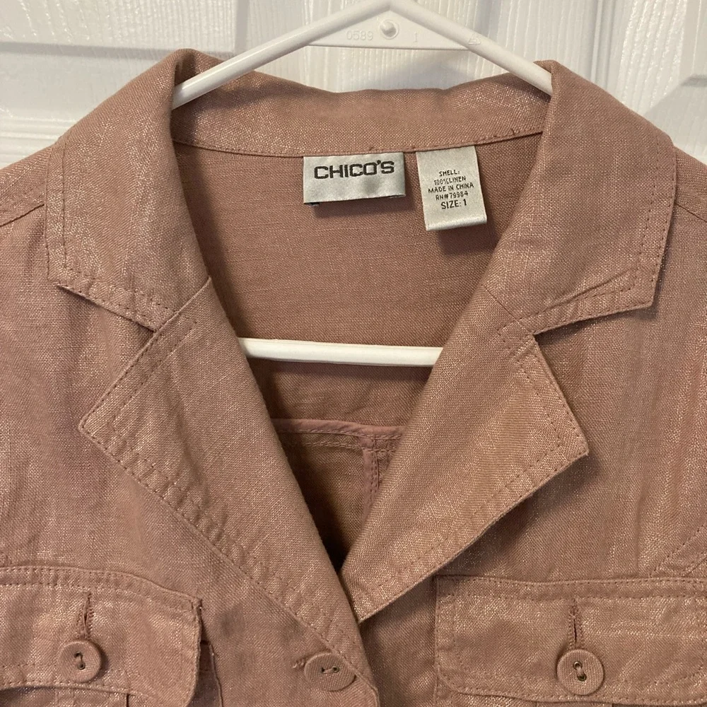 Chico’s Pink Linen Jacket Shirt Tie Waist - Picture 2 of 15